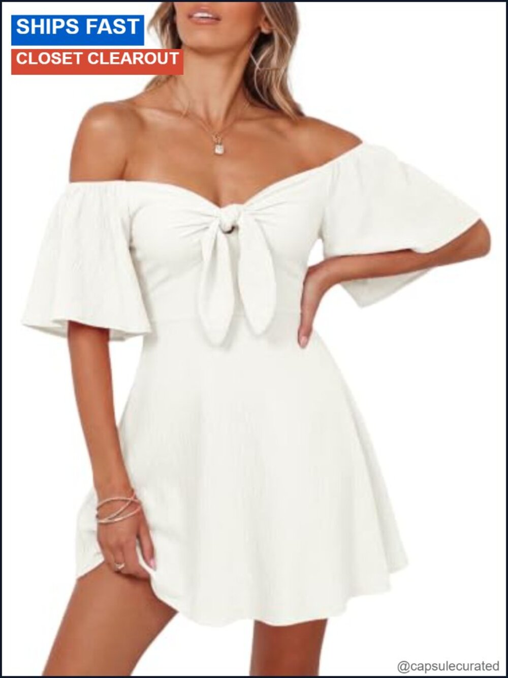 Dokotoo Womens Deep V Neck Bow Tie Mini Dress Ruffle Cap Sleeve